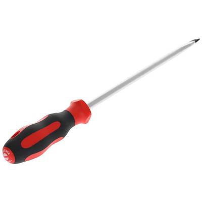 Ein Kreuzschlitzschraubendreher mit rot-schwarzem Griff liegt auf weißem Hintergrund.