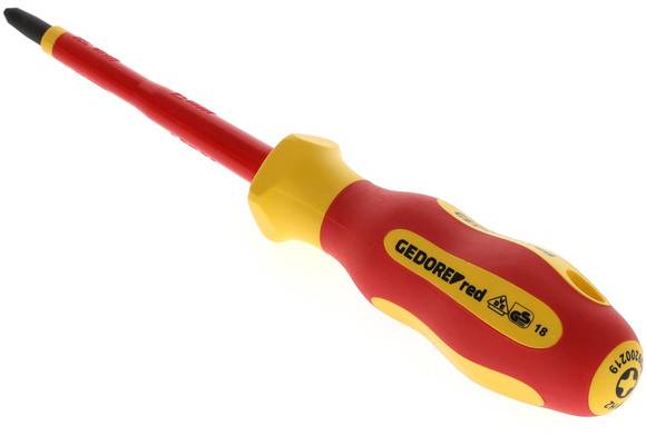 Ein isolierter Schraubendreher mit rotem und gelbem Griff, geeignet für elektrisches Arbeiten mit Schutz vor Stromschlägen.