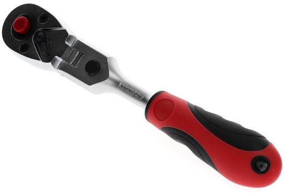 Ein rotes, ergonomisch geformtes Knarrenschlüsselwerkzeug mit einem schwarzen, gummierten Griff. Es ist leicht schräg positioniert.