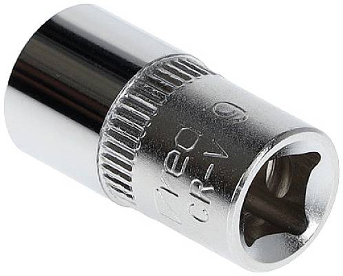 Metallene Steckschlüssel-Nuss mit sechseckiger Öffnung und gerändeltem Rand. Markierung: 'CR-V 9'.