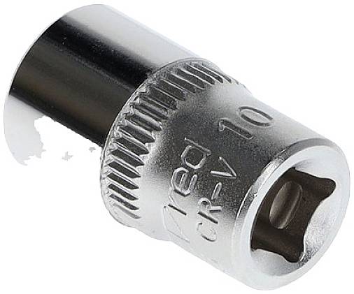 Metallschraubenschlüssel-Einsatz mit der Aufschrift '10 mm'. Glänzende, verchromte Oberfläche. Verwendet für Mechanikarbeiten.