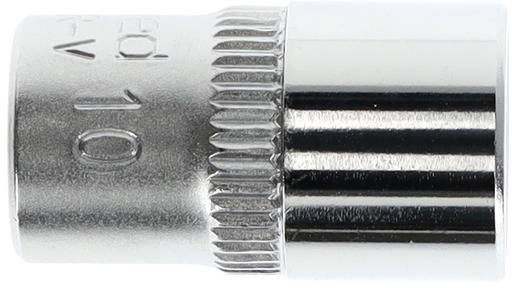 Eine silberne Sechskant-Stecknuss mit der Aufschrift '10', gerändelte Oberfläche für festen Griff, Werkzeugzubehör.