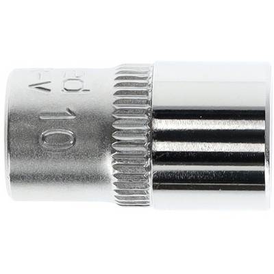 Eine silberne Sechskant-Stecknuss mit der Aufschrift '10', gerändelte Oberfläche für festen Griff, Werkzeugzubehör.