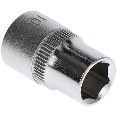 Metallische 10-mm-Sechskantnuss, geeignet für Schraubenschlüssel. Silbernes, glänzendes Finish mit geriffeltem Griff für besseren Halt.