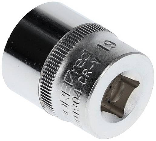 Metallische Stecknuss mit eingeprägter Größe '19', glänzendem Finish und geriffeltem Rand zur besseren Griffigkeit.