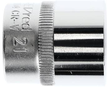 Ein silberner Steckschlüsselaufsatz mit der Aufschrift '21 mm CR-V' auf der Seite, glänzend und aus Chrom-Vanadium-Stahl gefertigt.