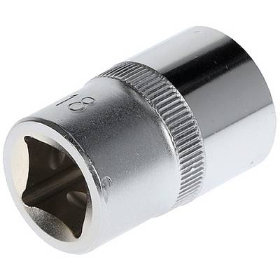 Eine silberne Stecknuss, die ein quadratisches Ende zur Befestigung an einem Werkzeug zeigt, wird aus einem metallischen Material dargestellt.