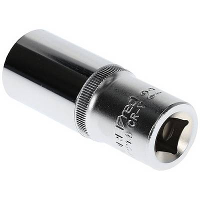 Eine verchromte Steckschlüssel-Nuss, Größe 22 mm, vor weißem Hintergrund.