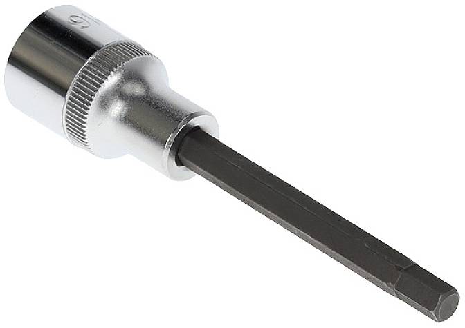 Ein silberfarbener Steckschlüssel mit einem langen schwarzen Sechskant-Bit, geeignet für Arbeiten an mechanischen oder technischen Geräten.