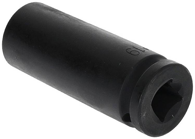 Eine schwarze Sechskant-Stecknuss, zylinderförmig, mit quadratischer Öffnung an einem Ende zur Aufnahme eines Schraubenschlüssels.