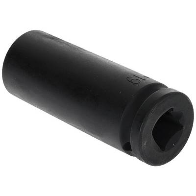 Eine schwarze Sechskant-Stecknuss, zylinderförmig, mit quadratischer Öffnung an einem Ende zur Aufnahme eines Schraubenschlüssels.