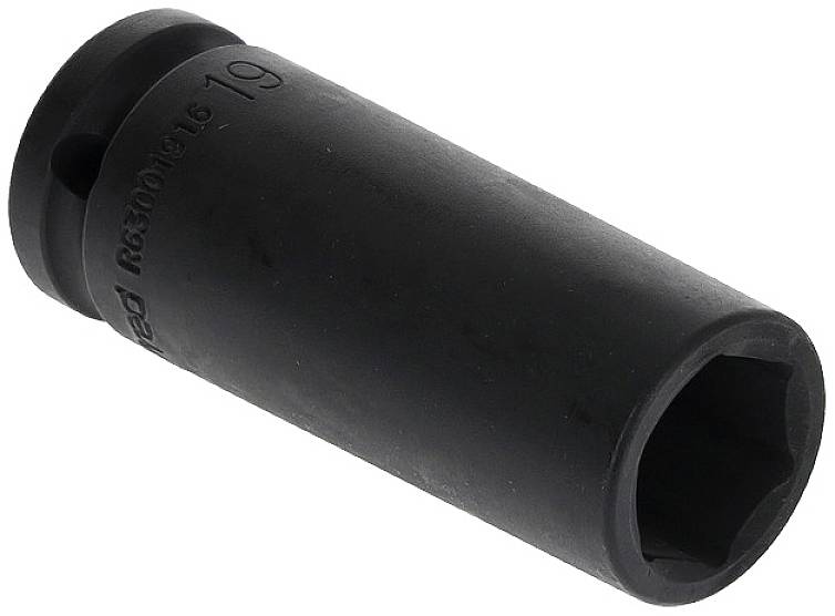Schwarze Sechskant-Nuss aus Metall mit der Aufschrift '19' an der Seite, verwendet für das Lösen und Befestigen von Schrauben.