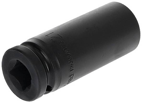 Schwarze Stecknuss mit sechseckigem Profil, geeignet für Schlagschrauber, Produktnummer auf Seite eingeprägt.