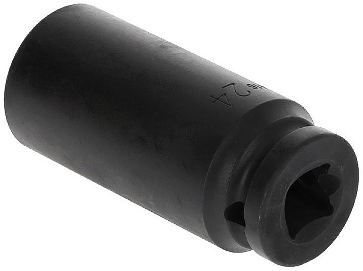 Schwarze Stecknuss mit beschriftetem Rand. 24 mm Größe, zylindrische Form, Werkzeug zum Lösen oder Befestigen von Schraubenmuttern.