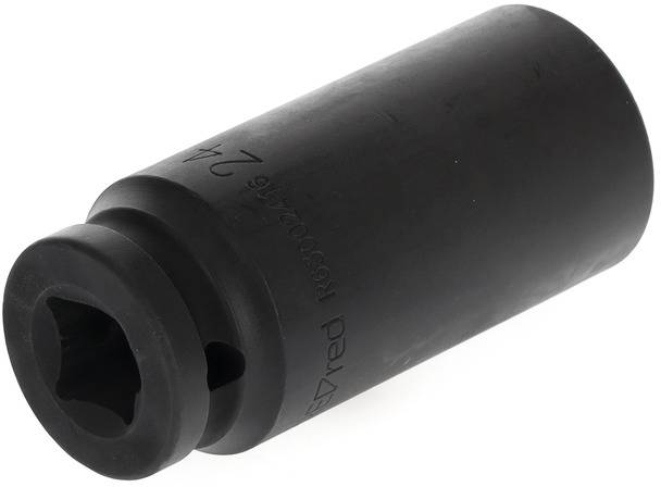 Ein schwarzer, zylindrischer Adapter oder Werkzeugaufsatz mit einer Öffnung an einem Ende, möglicherweise für die Nutzung mit einem Schraubendreher oder einer ähnlichen Vorrichtung geeignet.