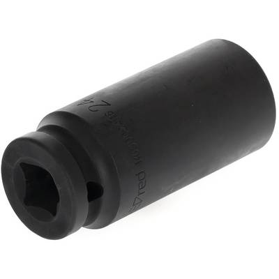Ein schwarzer, zylindrischer Adapter oder Werkzeugaufsatz mit einer Öffnung an einem Ende, möglicherweise für die Nutzung mit einem Schraubendreher oder einer ähnlichen Vorrichtung geeignet.