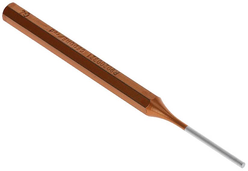 Oranger Inbusschlüssel mit schmaler, silberner Spitze, von oben abgebildet.