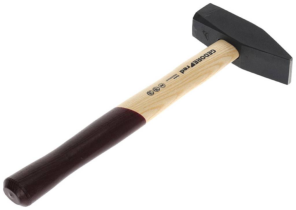 'Ein Hammer mit Holzgriff und schwarzem Metallkopf, geeignet für Bau- oder Reparaturarbeiten.'