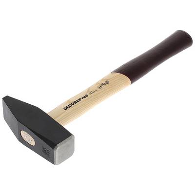Ein Hammer mit Holzgriff und schwarzem Metallkopf, seitlich liegend.
