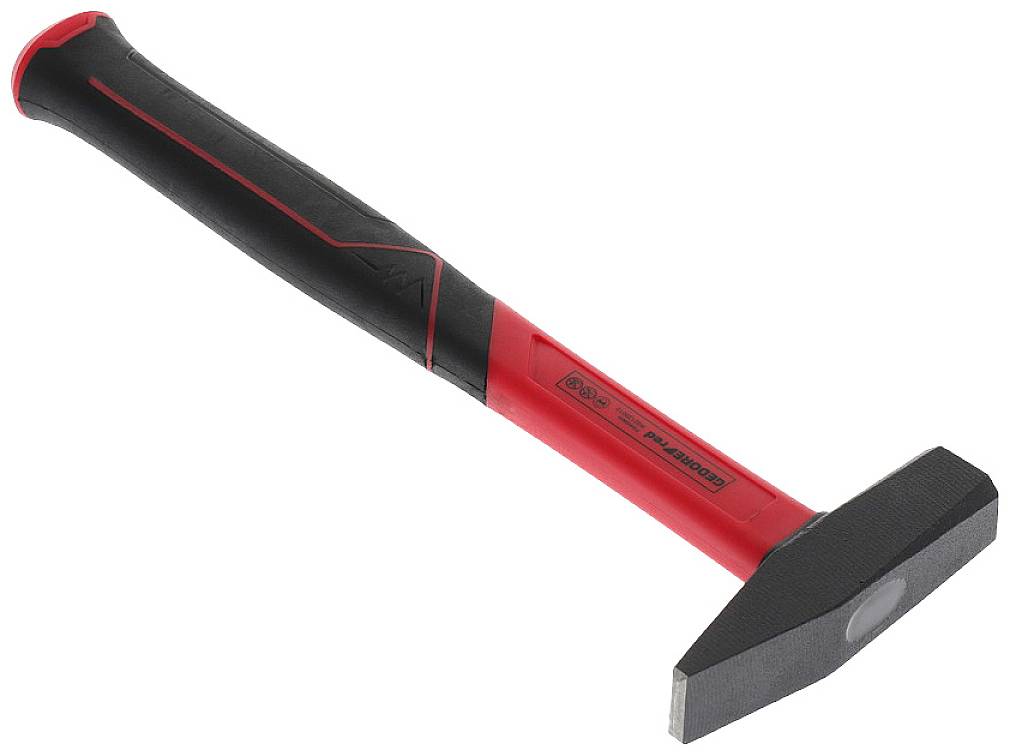 Ein roter und schwarzer Hammer mit einem flachen Kopf, geeignet für präzise Arbeiten. Ideal für handwerkliche Tätigkeiten.
