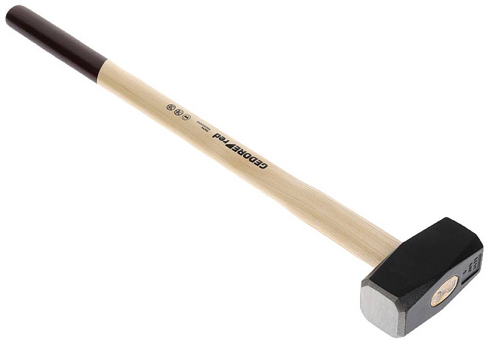 Ein Vorschlaghammer mit langem Holzgriff und schwarzem Metallkopf.