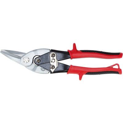 Blechschere mit rotem Griff, geeignet zum Schneiden von Metall; robustes Design für handwerkliche Arbeiten.