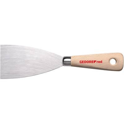 Ein Malerspachtel mit breitem, gebogenem Edelstahlblatt und einem Holzgriff, beschriftet mit 'GEDORE red'.