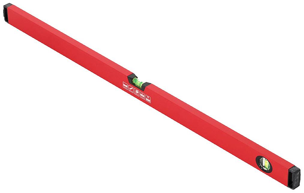 Eine rote Wasserwaage mit zwei Libellen zur Überprüfung der Horizontal- und Vertikallinie. Ideal für Bau- und Heimwerkerarbeiten.