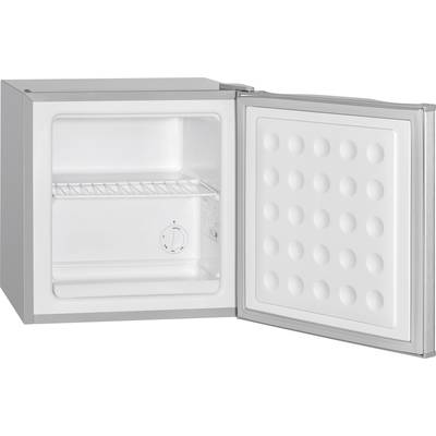 Ein geöffneter, leerer Mini-Kühlschrank mit Sicht auf das Innenfach und das Temperaturregler-Drehknopf vorne unten rechts.