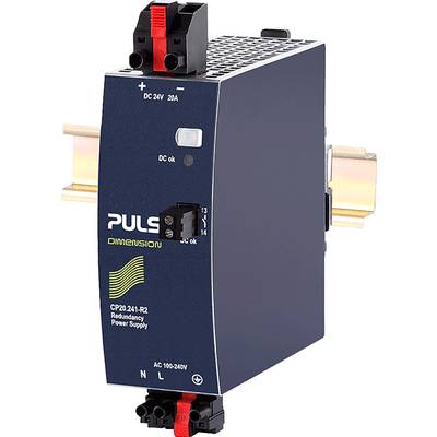 Stromversorgungsmodul mit Aufschrift 'PULS Dimension'. Modell: CP20.241-R2. Hutschienenmontage, Anzeige-LEDs und Anschlüsse sichtbar.
