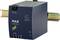 Ein Puls-Netzteil der Reihe 'Dimension' ist an einer DIN-Schiene montiert, mit Statusanzeigen für DC OK, Warnung und Abschaltung.