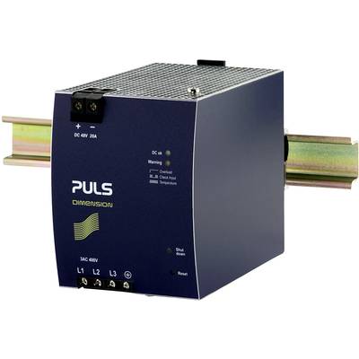 Ein blaues Netzteil der Marke PULS, Modell 'Dimension', montiert auf einer DIN-Schiene, zeigt LEDs für Status und Warnungen.