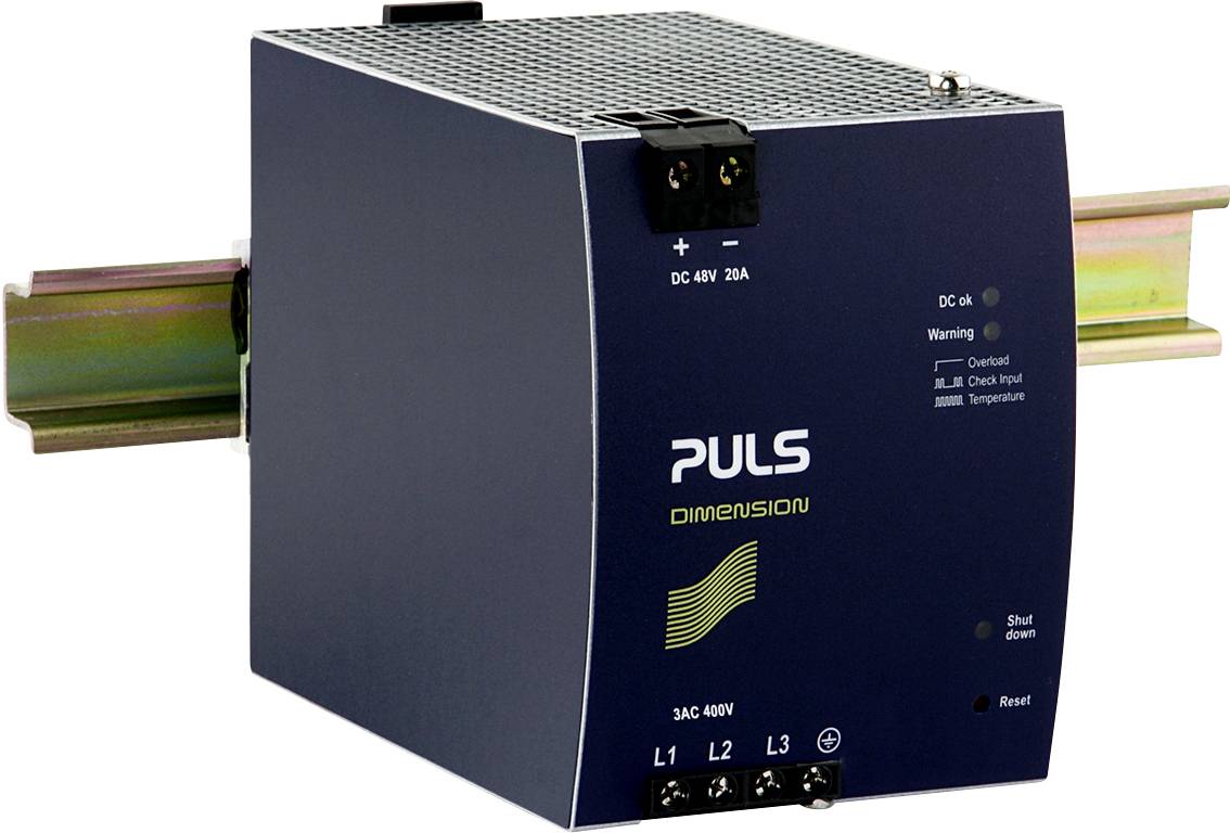 Ein industrielles Netzteil von PULS mit Hutschienenmontage. Beschriftungen zeigen Anschlussklemmen und Status-LEDs an der Vorderseite.