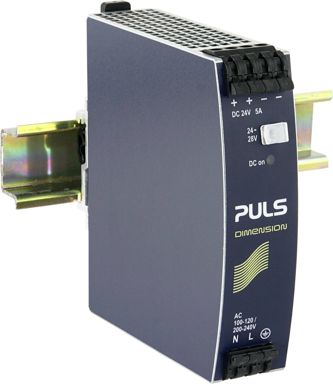 Ein Schaltnetzteil auf Hutschiene montiert, von der Marke PULS Dimension, mit DC-Ausgang 24V, 5A. Eignung für AC 100-240V Eingang.
