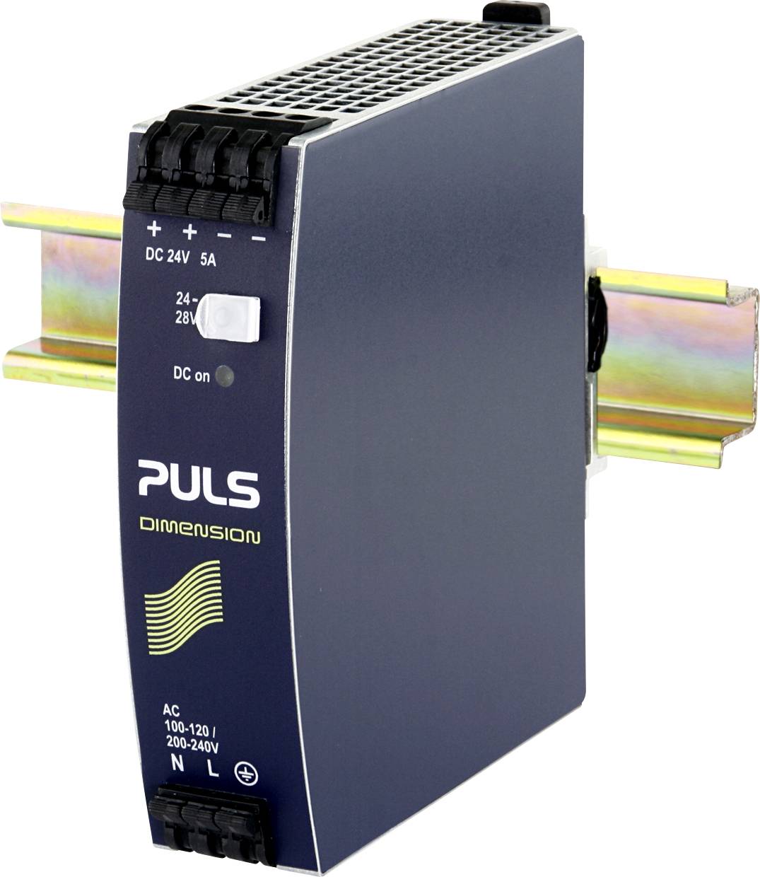 'PULS Dimension' Schaltnetzteil auf einer DIN-Schiene montiert, mit Anzeigeleuchten und Anschlussklemmen.
