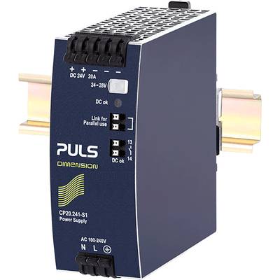 Schaltnetzteil von PULS mit Modellnummer CP20.241-S1. Es hat Anschlüsse für AC 100-240V Eingang, DC 24V Ausgang und Parallelbetrieb.