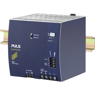 Eine Netzteil-Einheit von PULS Dimension, Modell QS40, montiert auf einer DIN-Schiene. Geeignet für AC 100-240V, 40A, mit LEDs für Statusanzeigen.