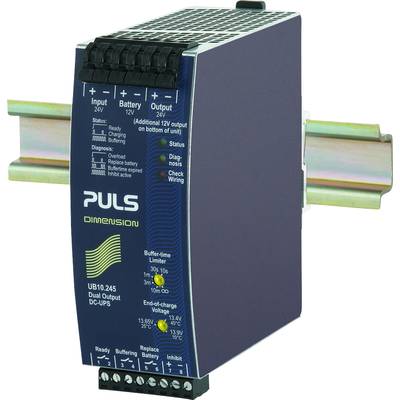 Gleichstrom-USV-Modul mit blauer Front, Markenname 'PULS'. Vorderseite zeigt Eingangs- und Ausgangsanschlüsse sowie LED-Statusanzeigen. Montiert auf Hutschiene.
