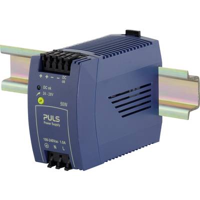 Ein blaues Netzteil mit der Aufschrift 'PULS Power Supply'. Es zeigt Spezifikationen 24-28V DC, 100-240Vac, 1.0A, montiert auf einer Metallhalterung.