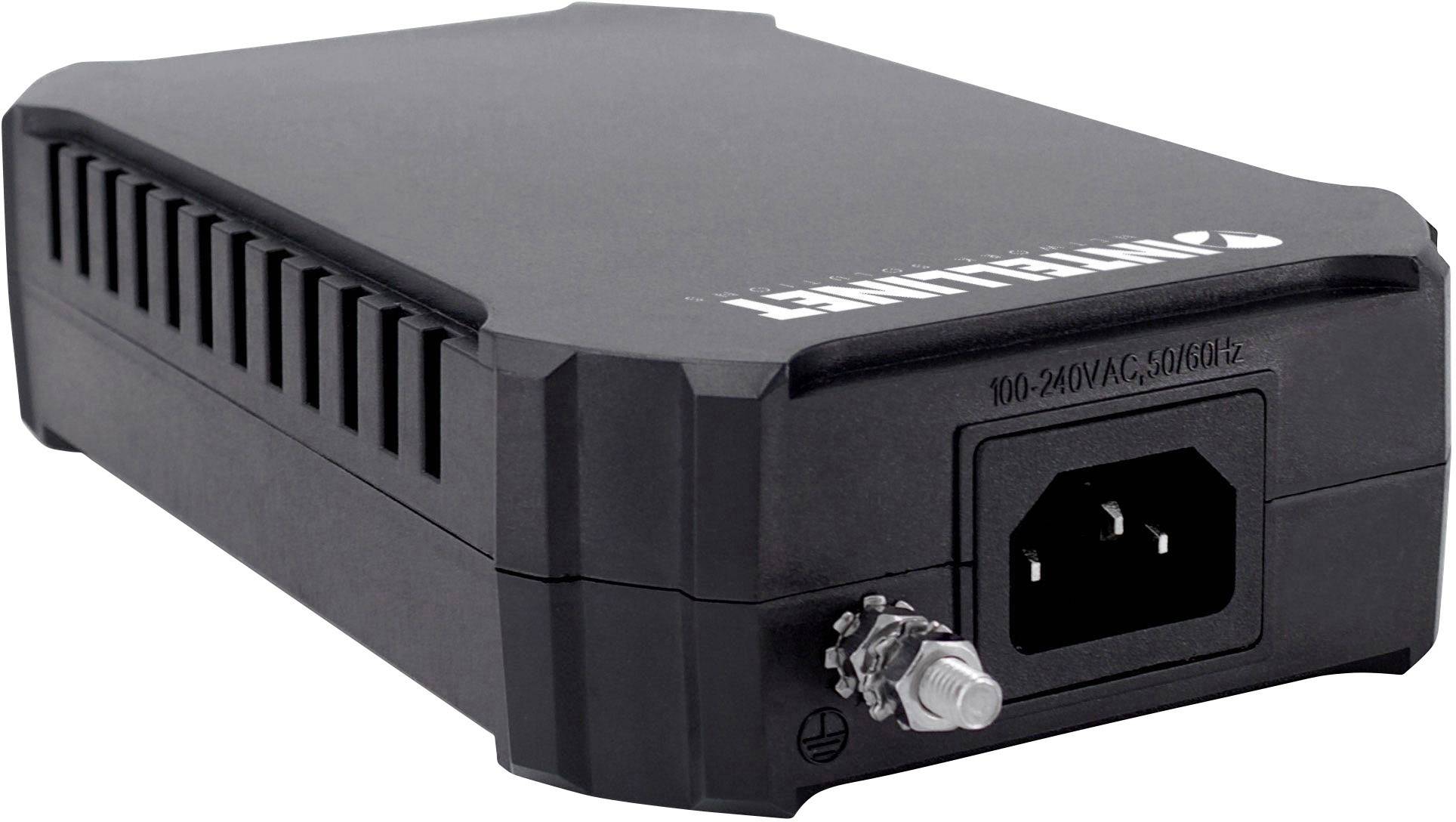 Ein schwarzes, rechteckiges Netzteilgerät mit Lüftungsschlitzen und einer Stromanschlussbuchse.