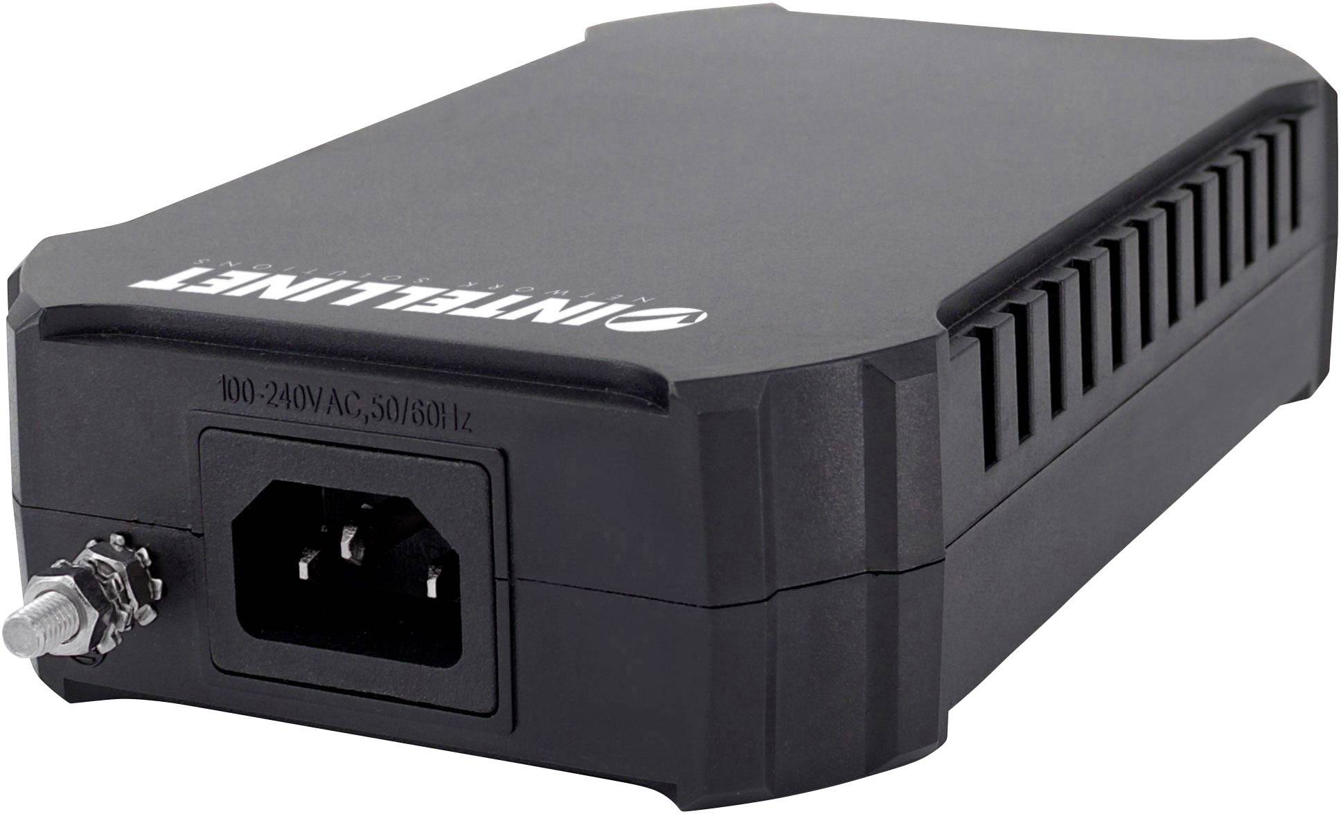 Schwarze Intellinet Stromversorgungseinheit mit Lüftungsschlitzen und Netzteilanschluss, kompatibel mit 100-240V Wechselstrom.