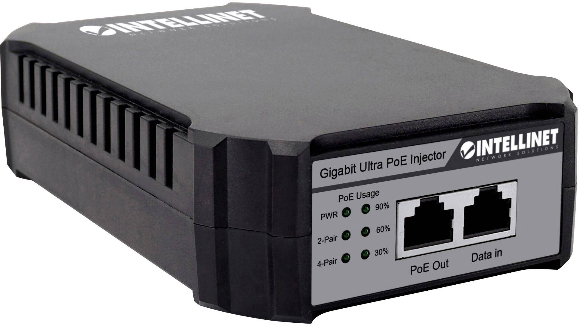 'Intellinet Gigabit Ultra PoE Injector' mit zwei Ethernet-Ports und grünen LED-Anzeigen für Strom- und Datenaktivität.