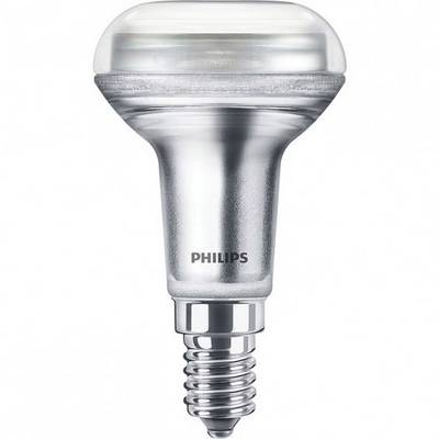 Eine silberne Philips-Glühbirne mit E14-Sockel, Richtung oben fotografiert.