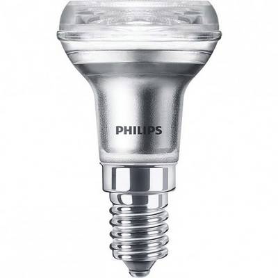 Eine silberne Philips-Glühbirne mit E14-Sockel und LED-Technik, geeignet für energiesparende Beleuchtung.