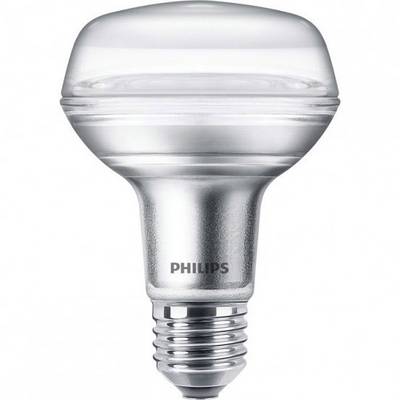 Eine energiesparende LED-Glühbirne von Philips mit silbernem Sockel und klarem Glas, ideal für effiziente Beleuchtung.