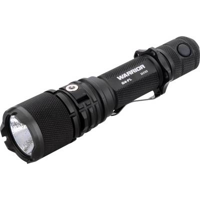 Eine schwarze Taschenlampe mit geriffeltem Griff, silbernem Einschaltknopf und der Aufschrift 'WARRIOR' auf dem Gehäuse.