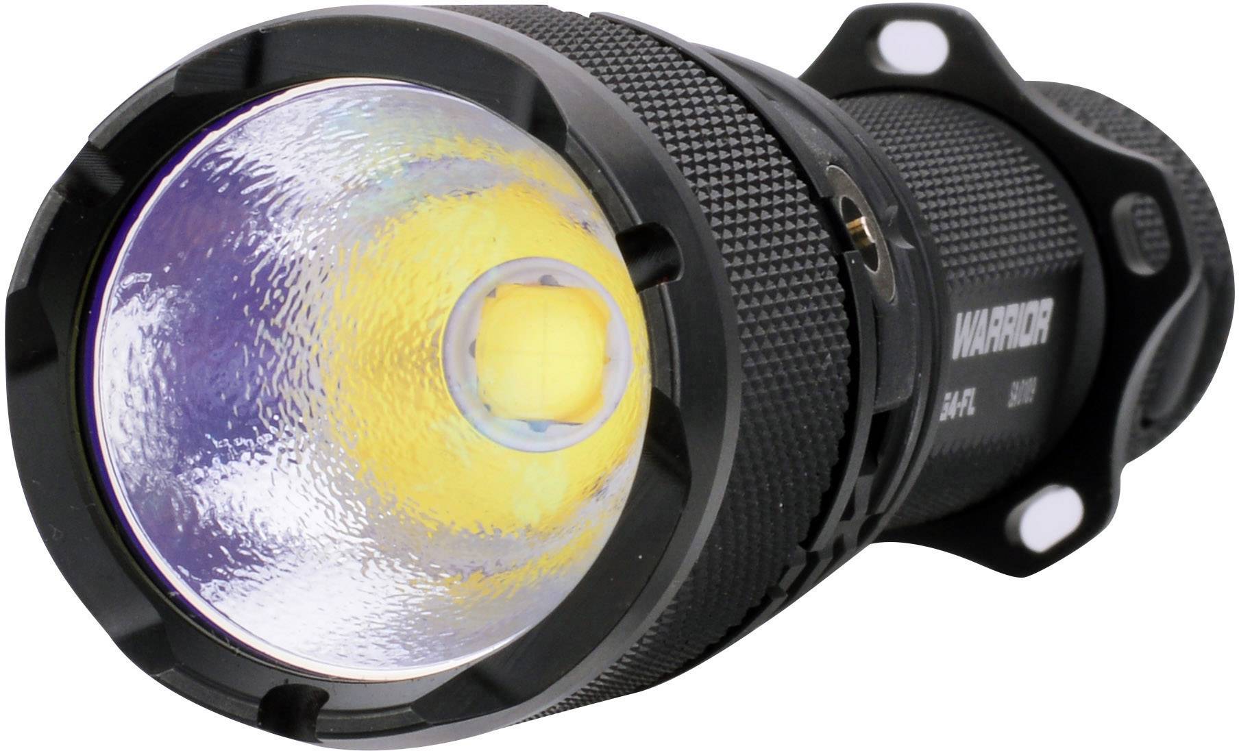 Eine schwarze, taktische Taschenlampe mit strukturierter Oberfläche und leuchtender LED-Linse, auf die Vorderseite fokussiert.