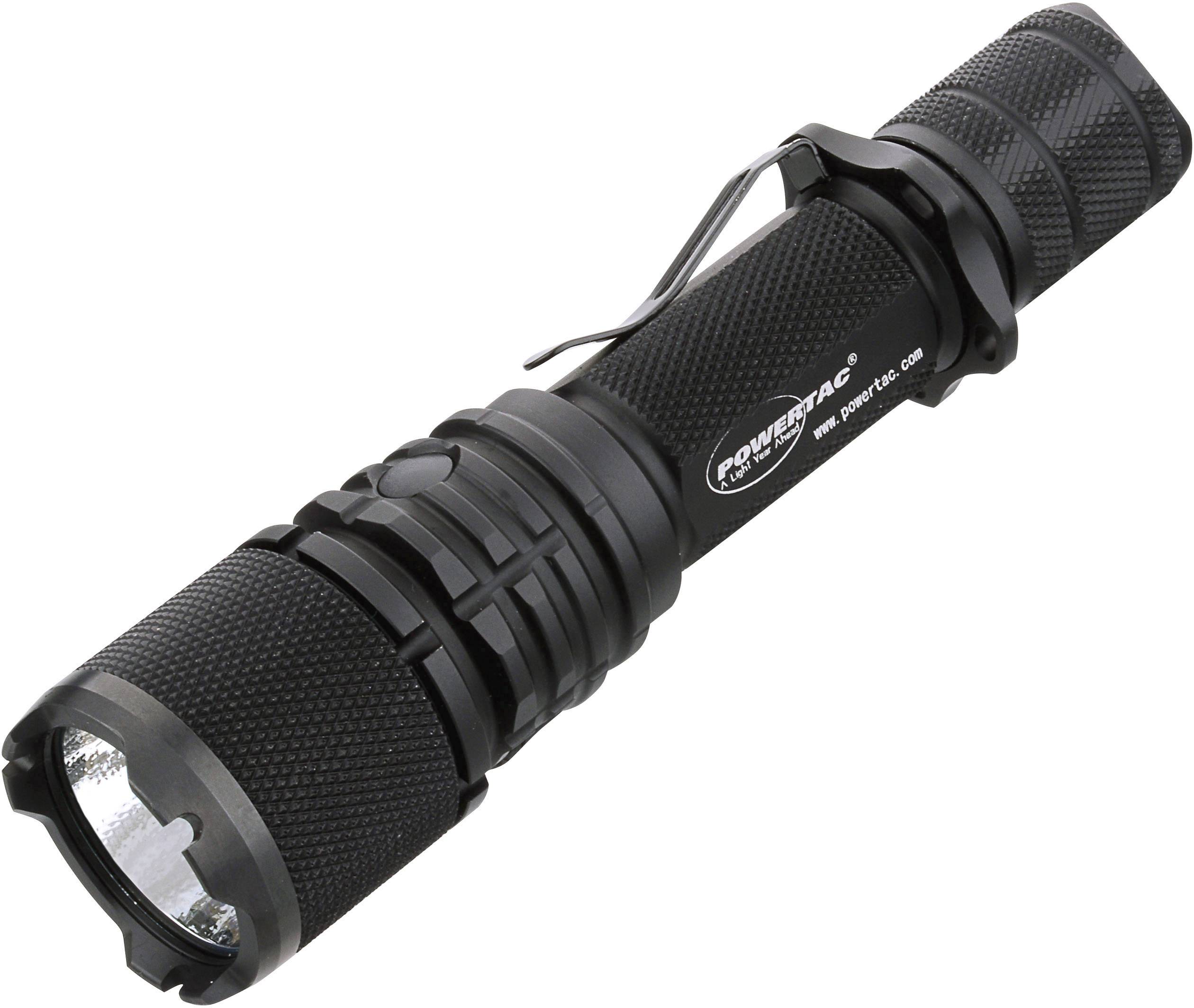 Schwarze Taschenlampe mit strukturierter Oberfläche und Gürtelclip, zeigt robuste Bauweise für Outdoor-Aktivitäten.