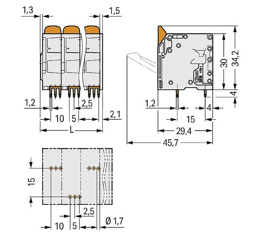 Technische Zeichnung eines elektrischen Bauteils mit Abmessungen und Anschlusspunkten. Hauptmaße sind 45,7x34,2 mm.