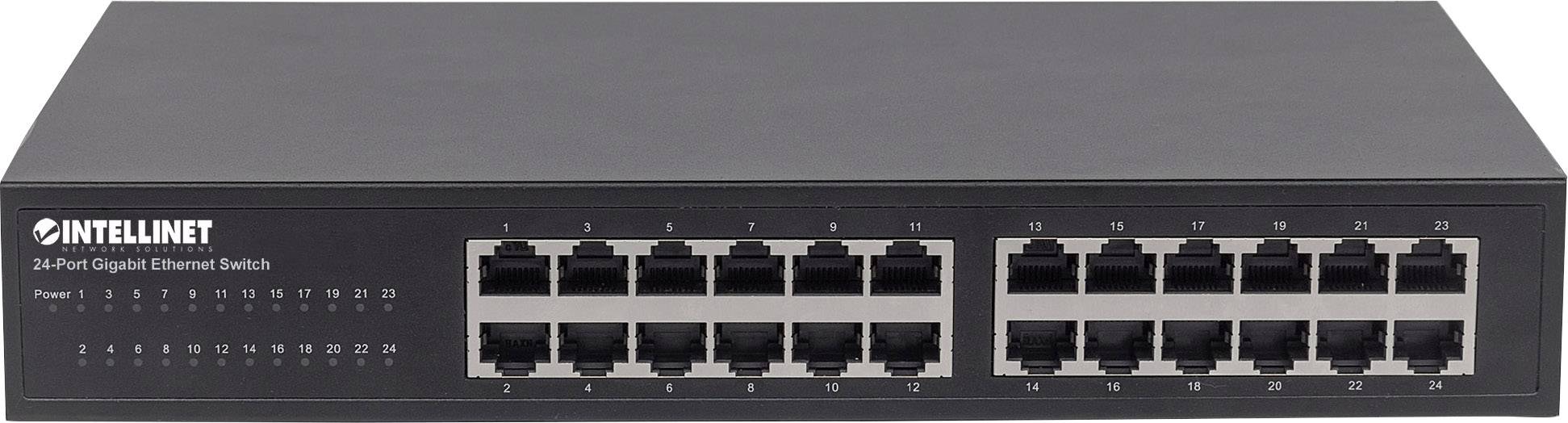 'INTELLINET 24-Port Gigabit Ethernet Switch' zeigt die Frontansicht mit zwei Reihen von Ethernet-Ports, nummeriert von 1 bis 24.